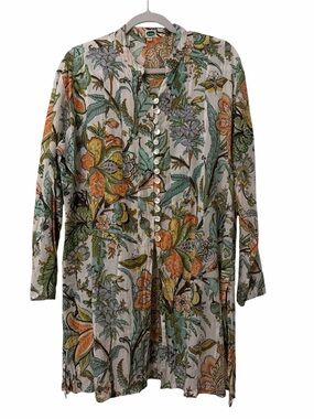 Dolma Lightweight Floral 100% Cotton XL Tunic Button-Front Jacket Green Orange